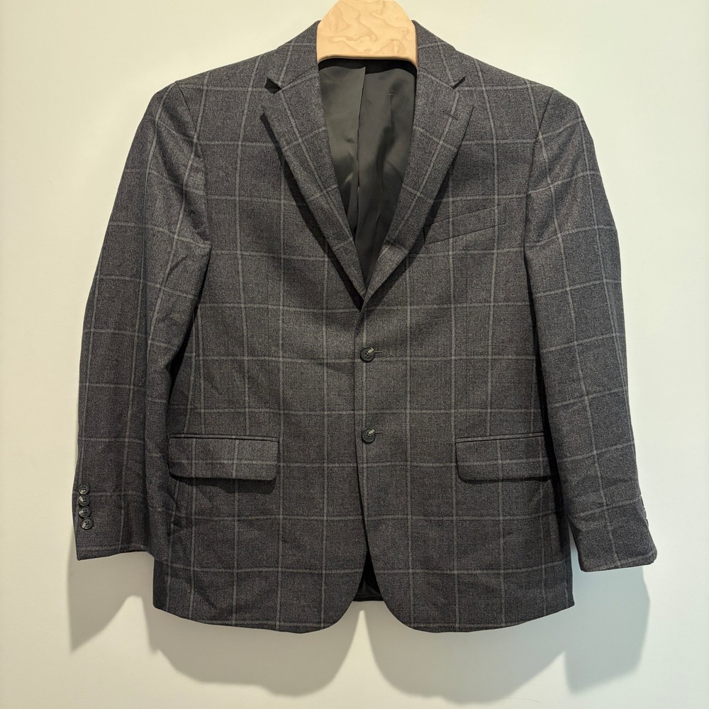 Jos A Bank Traveler Blazer Mens 42R Gray 100% Wool Window Pane Pattern Stretch